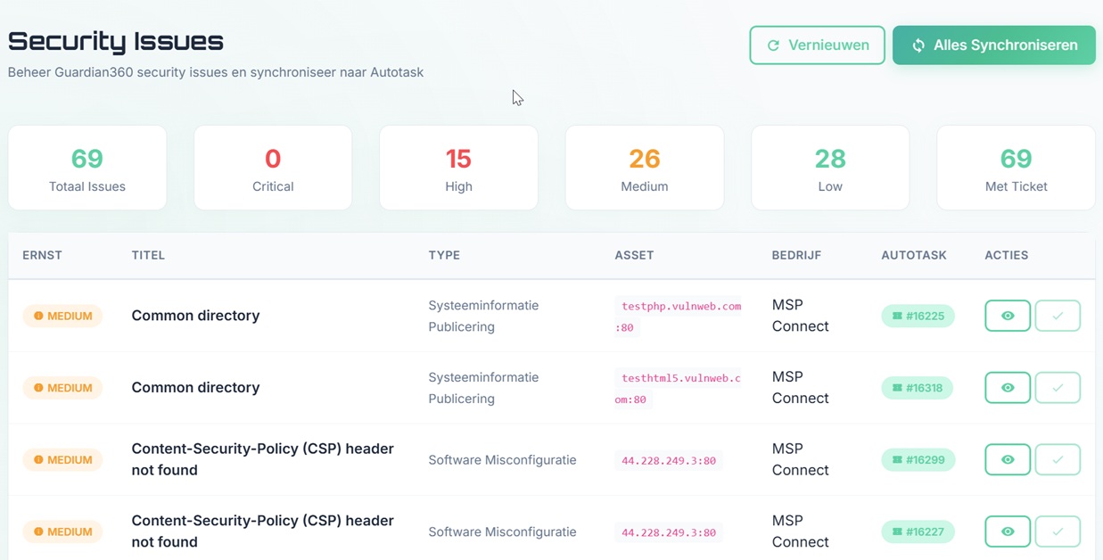 Intégration Guardian360 vers Autotask dans MSP Connect